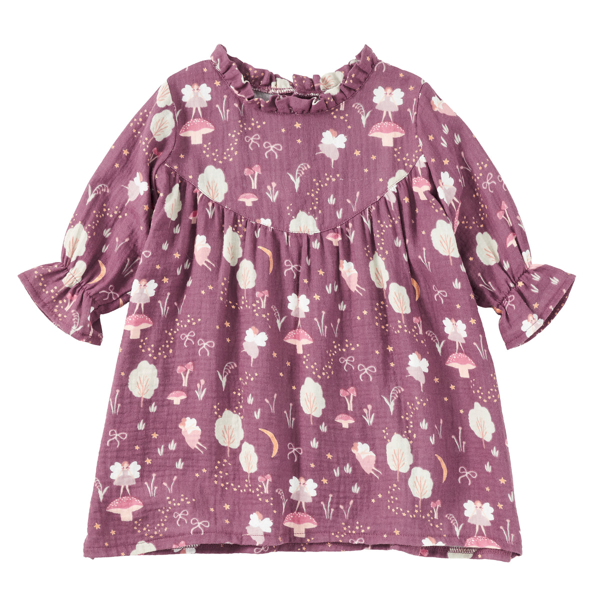 Muslin L/S Ruffle Trim Dress - Forest Fairies