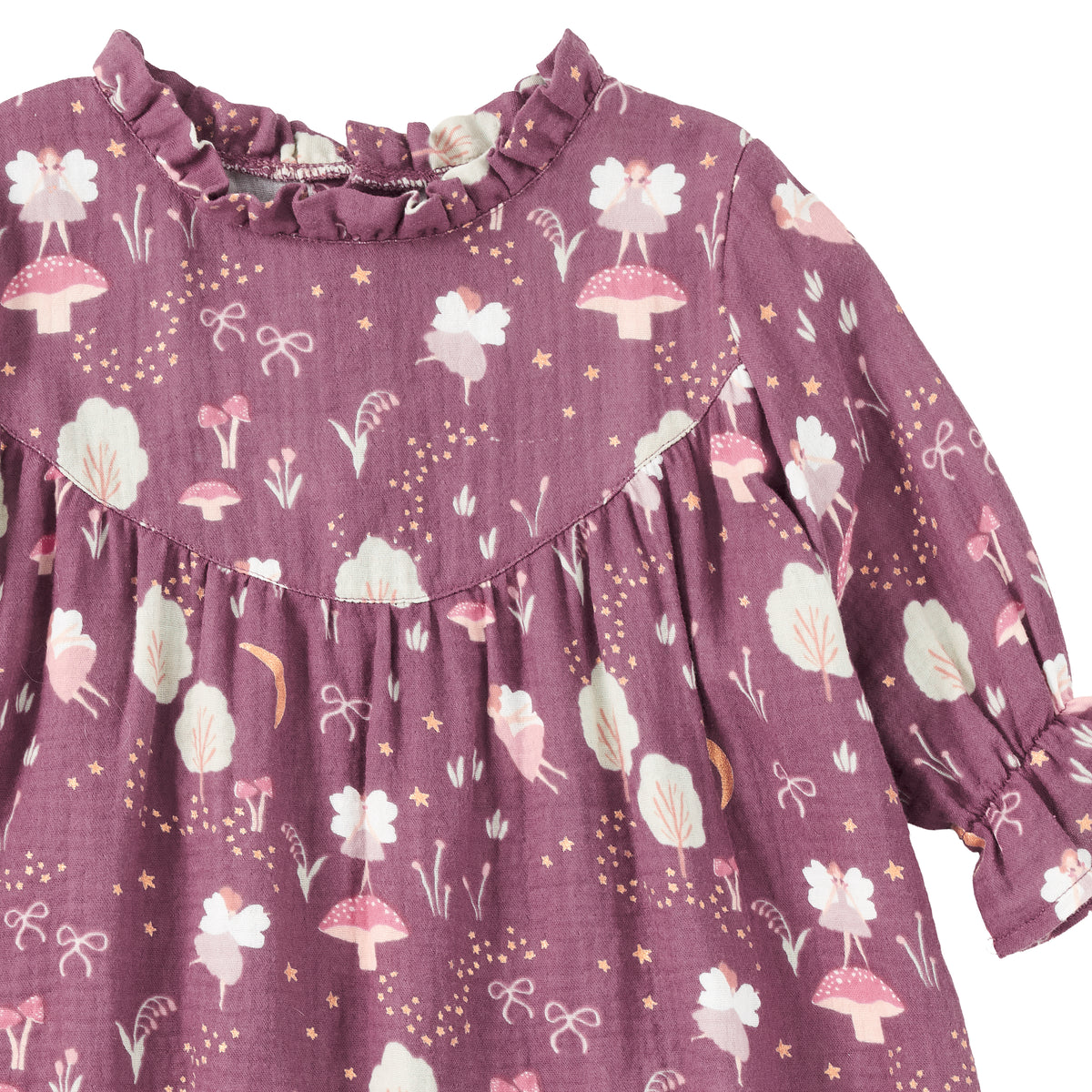 Muslin L/S Ruffle Trim Dress - Forest Fairies