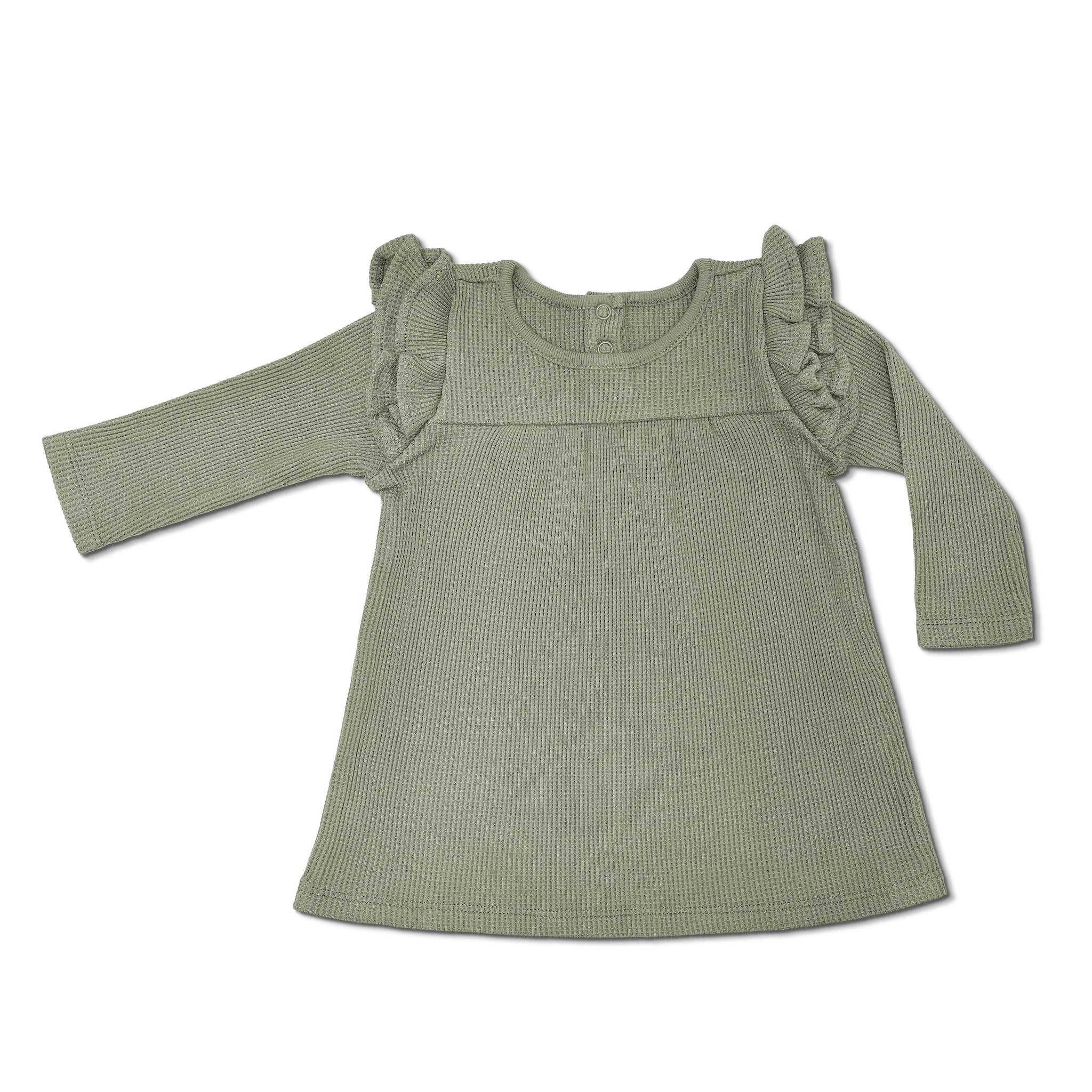 Waffle Long Sleeve Dress - Olive Green