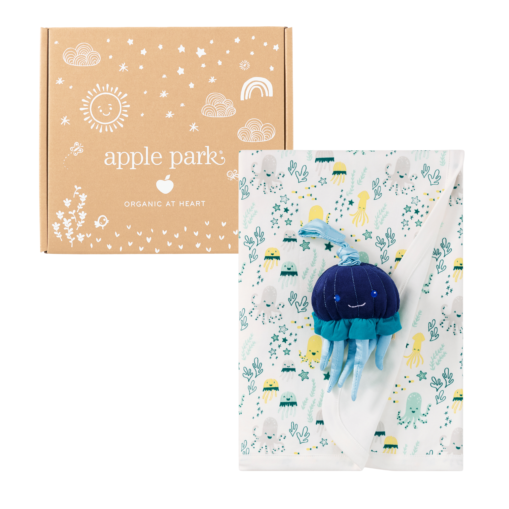 Sea Life Blanket & Jellyfish Stroller Toy Gift Set – Organic Cotton Baby Bundle