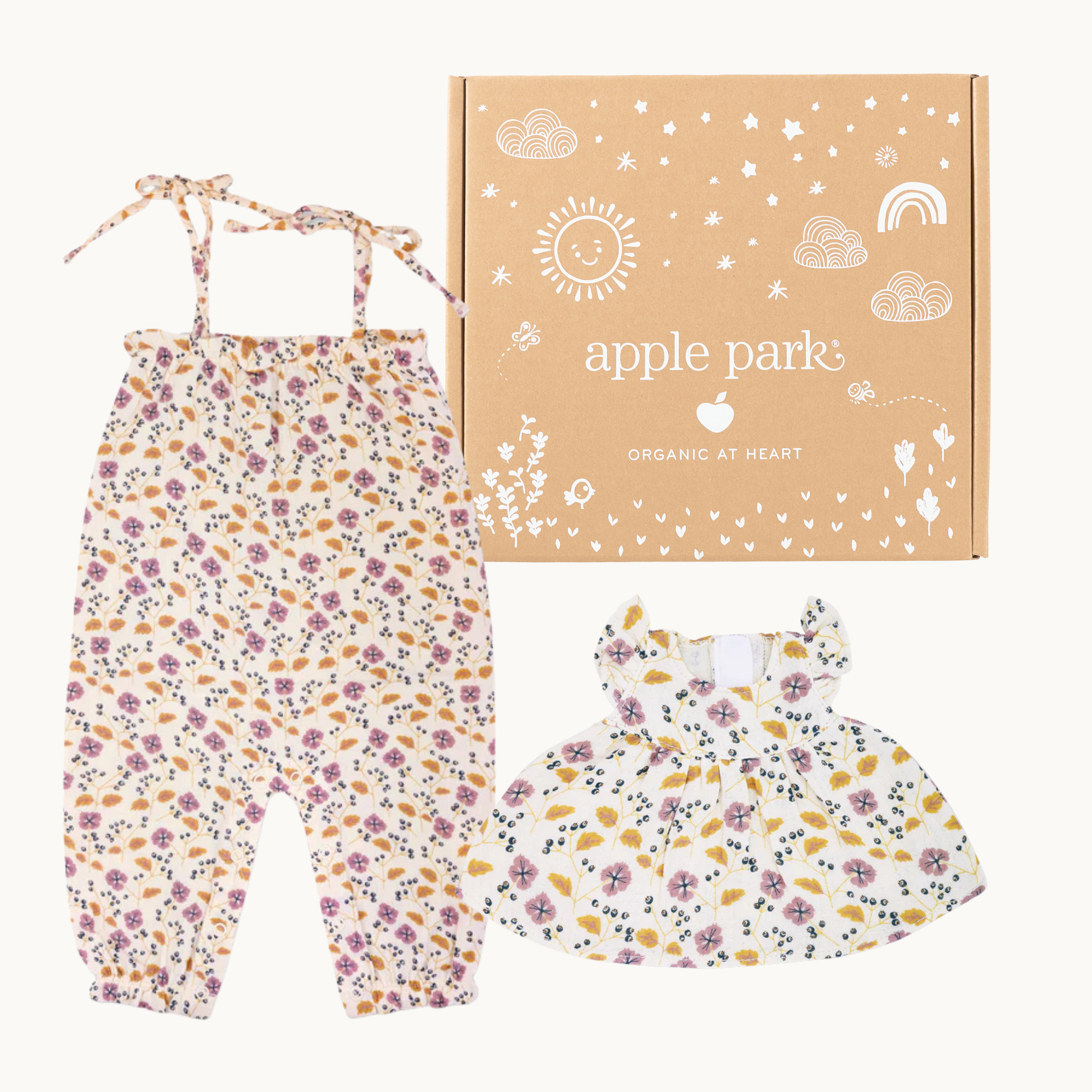 Organic Muslin Tie-Shoulder Jumpsuit & Doll Dress Set – Pink Flower Print