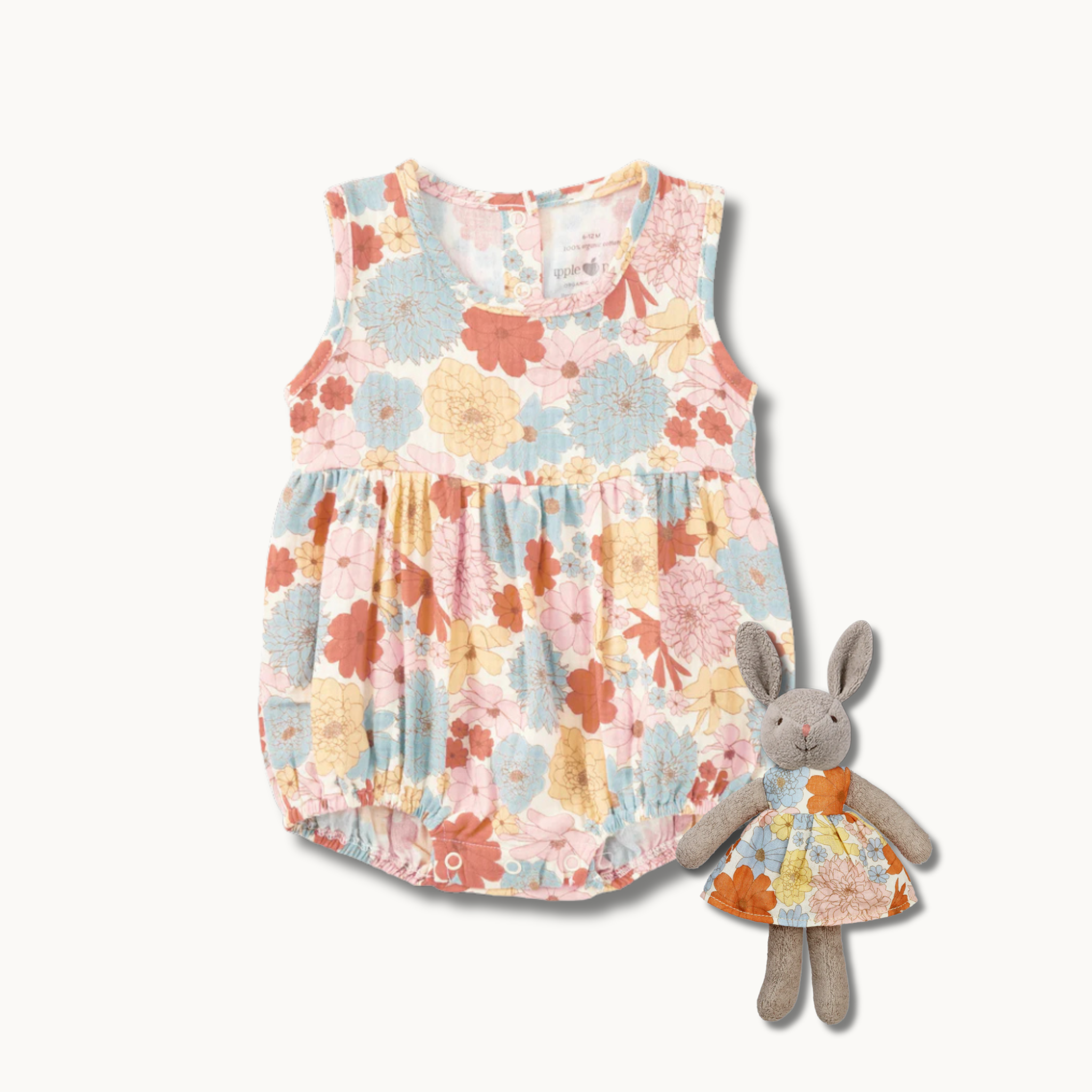 Muslin Bubble Romper + Little Plush Bunny Set - Wild Flower Picnic