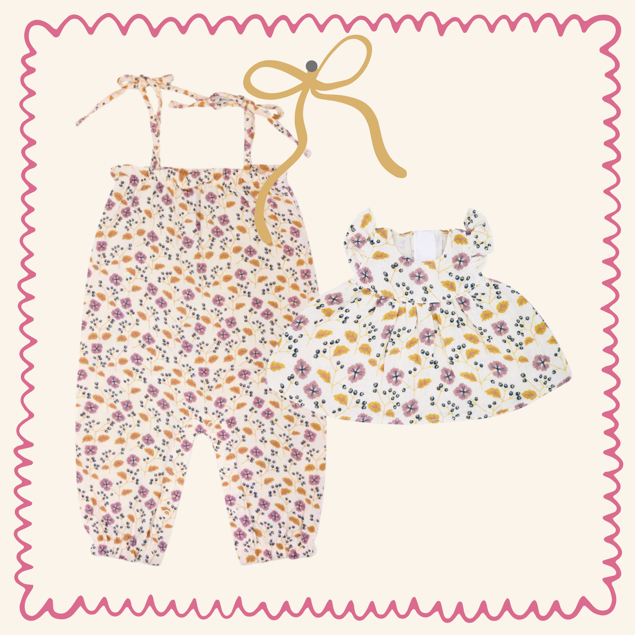 Organic Muslin Tie-Shoulder Jumpsuit & Doll Dress Set – Pink Flower Print