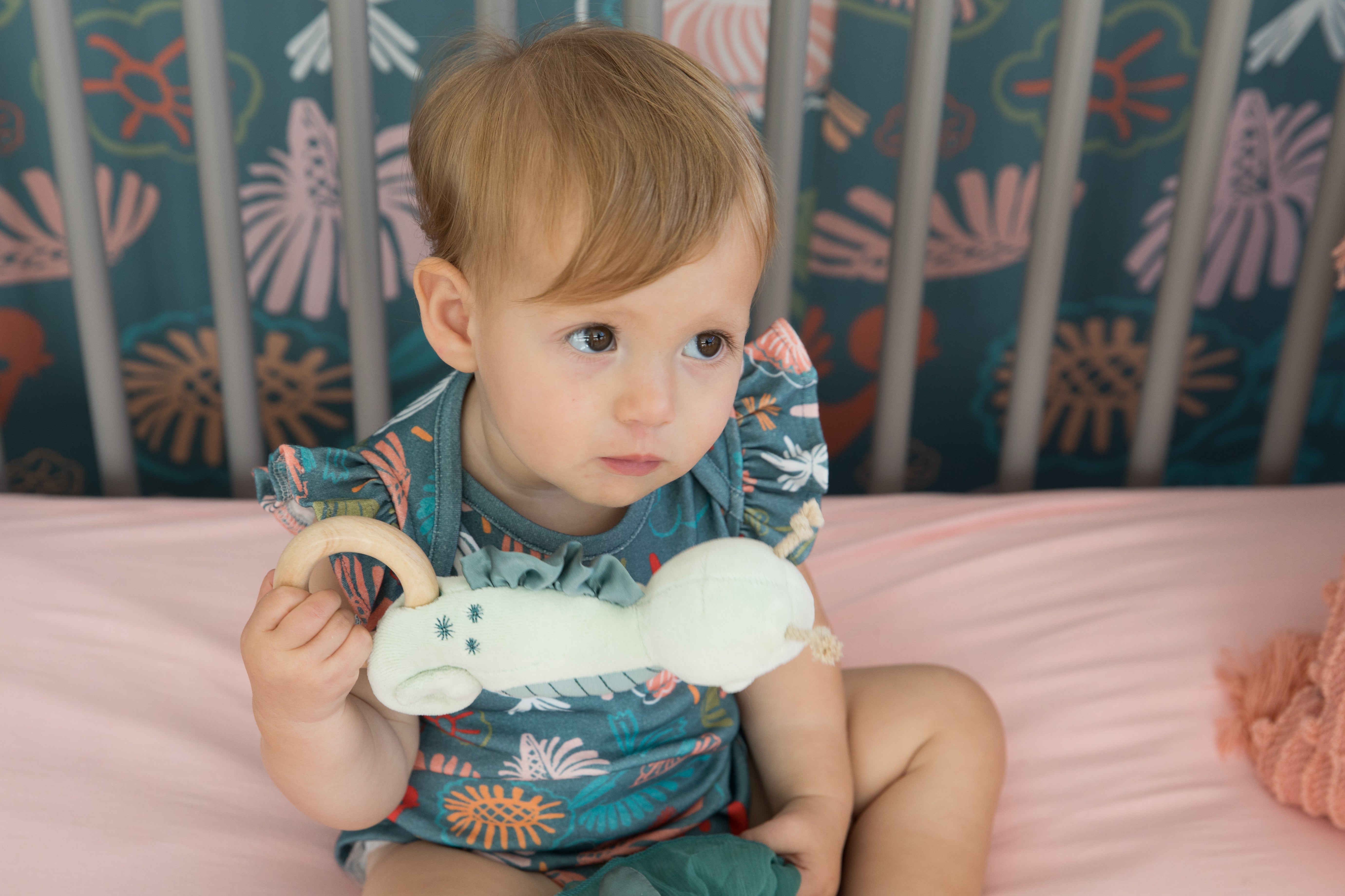 Teal Seahorse Teething Rattle