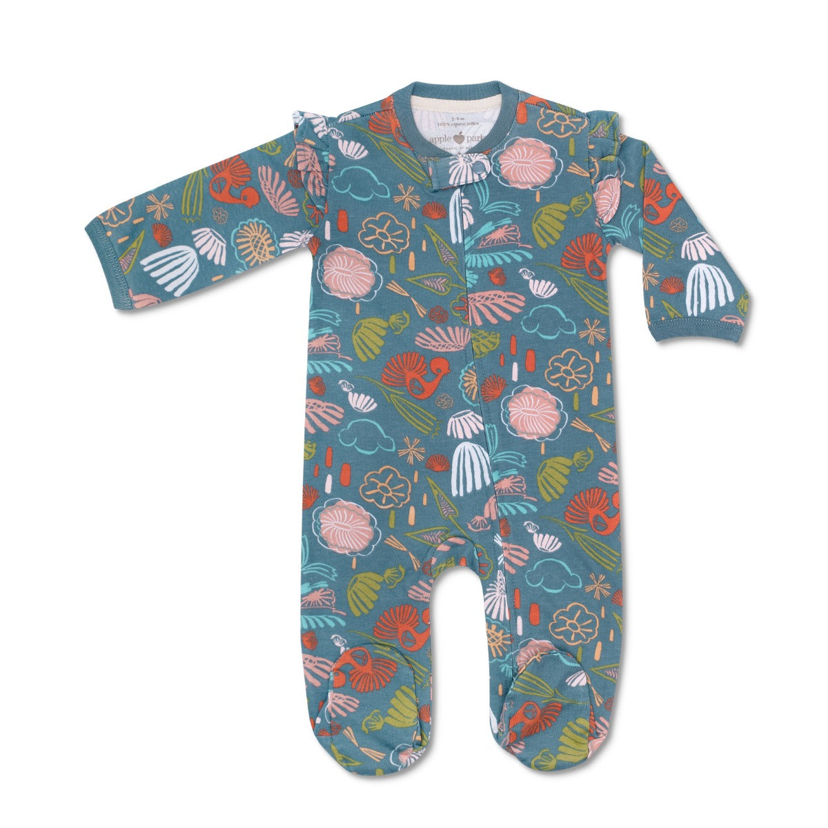 KEFE Flutter Sleeve Zipper Footie- Teal Flower Garden