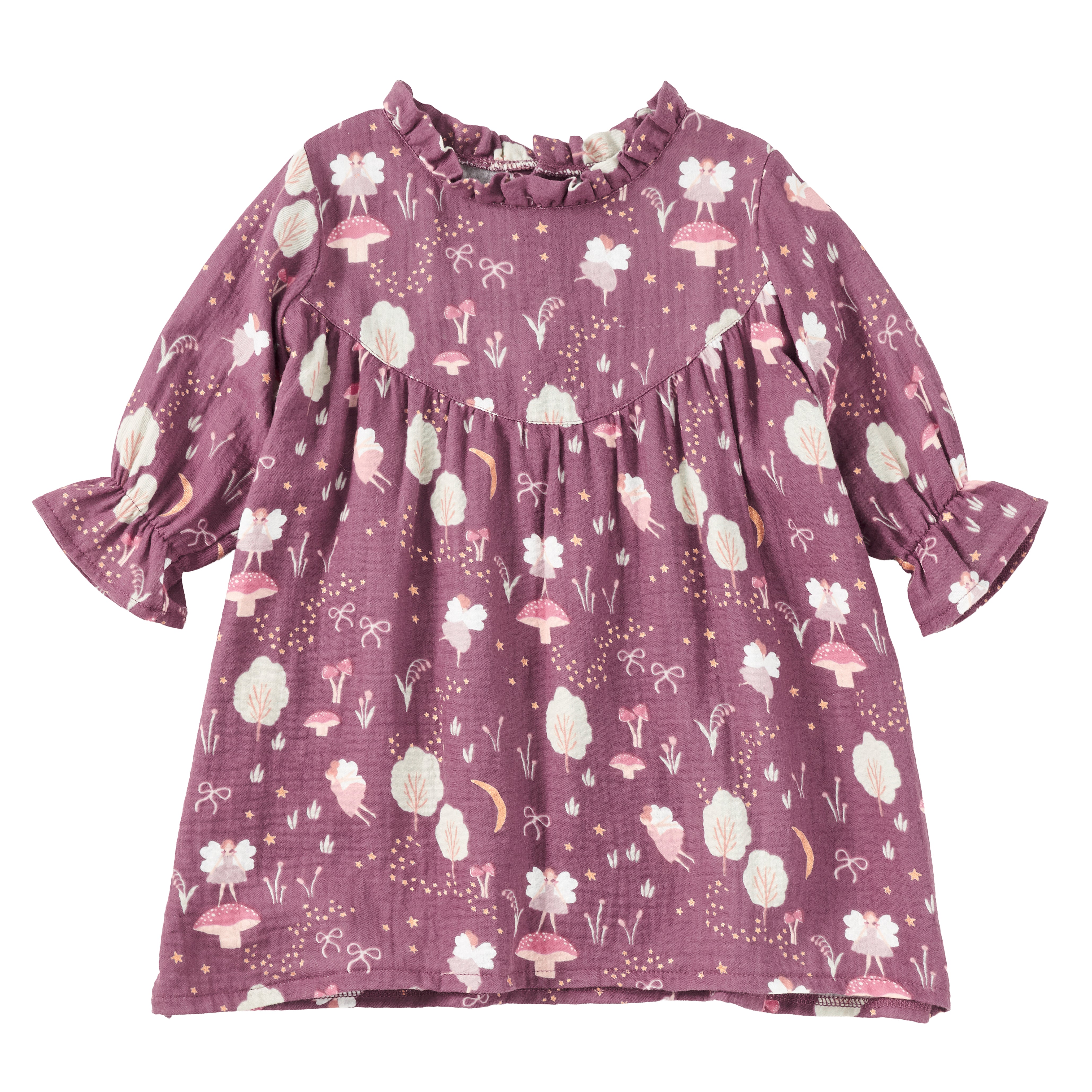 Muslin L/S Ruffle Trim Dress - Forest Fairies