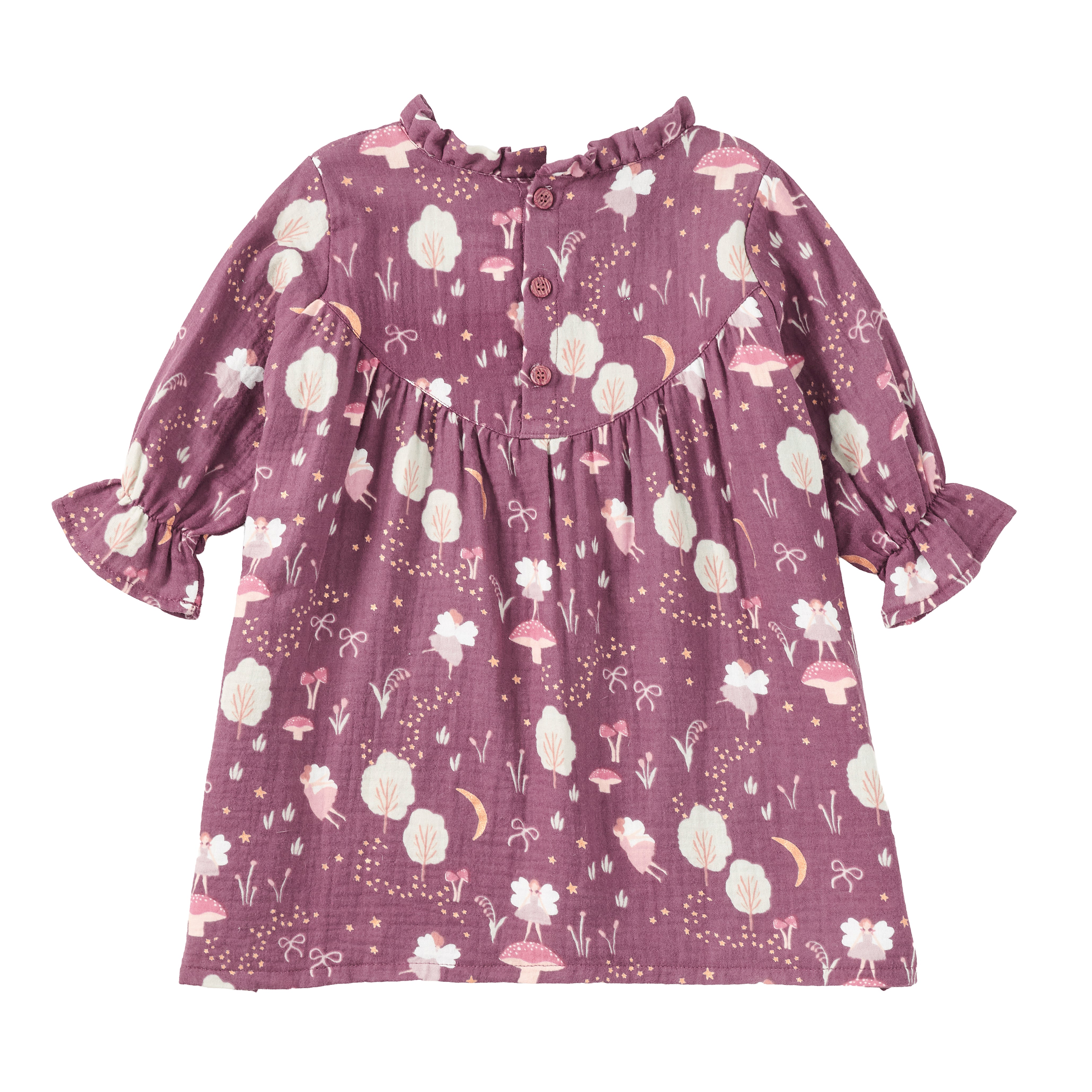 Muslin L/S Ruffle Trim Dress - Forest Fairies