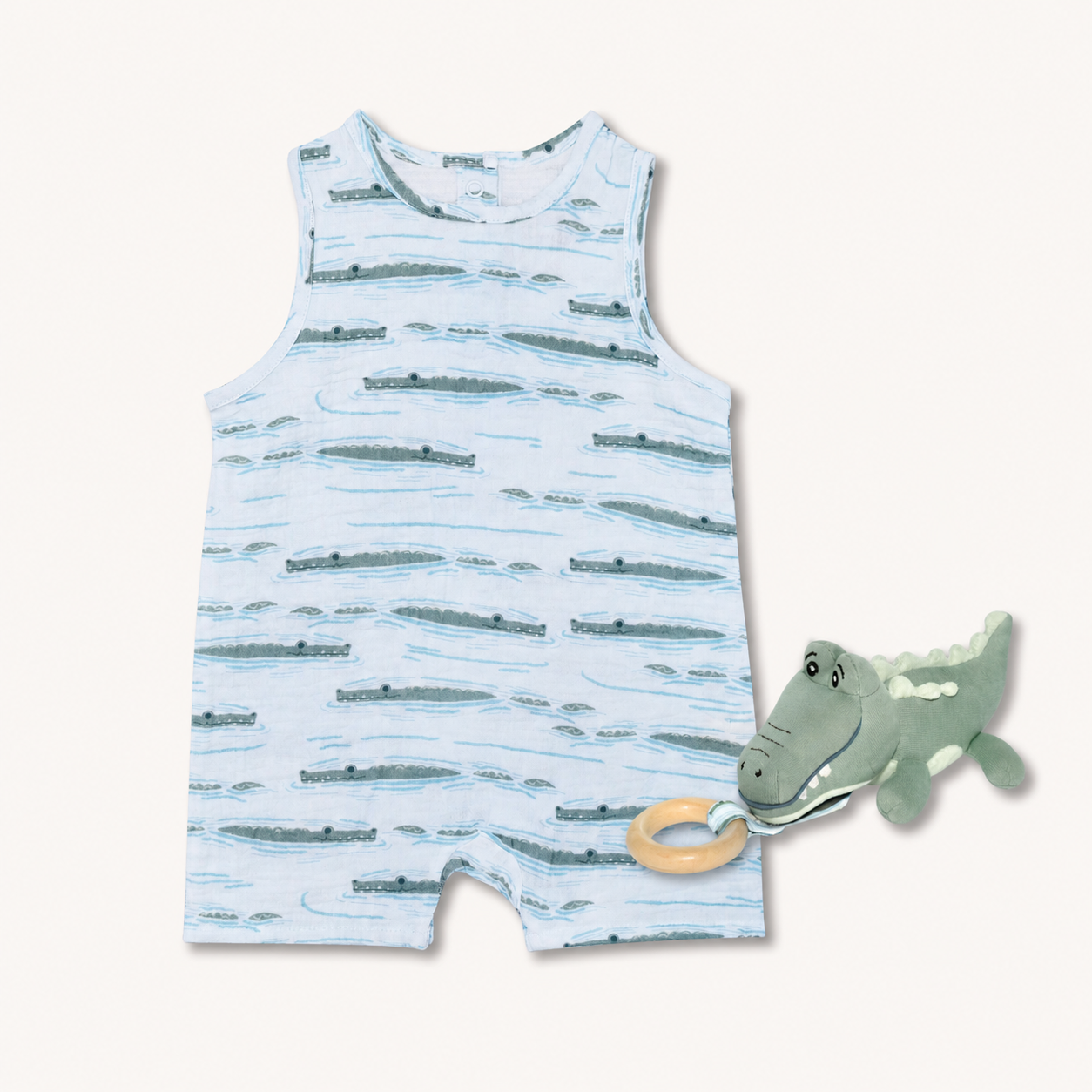 Muslin Coverall & Alligator Teething Toy - Alligator Isle