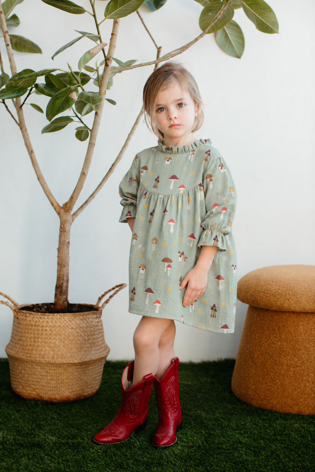 Muslin L/S Ruffle Trim Dress - Dreamcap Forest