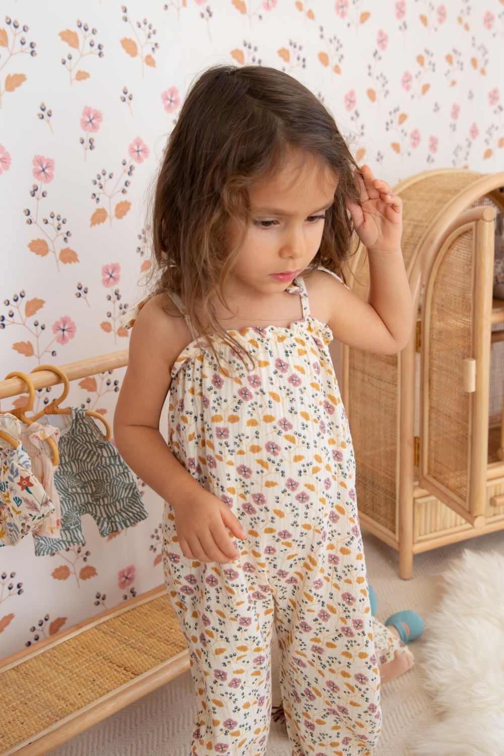 Muslin Tie Shoulder Jumpsuit - Pink Flower