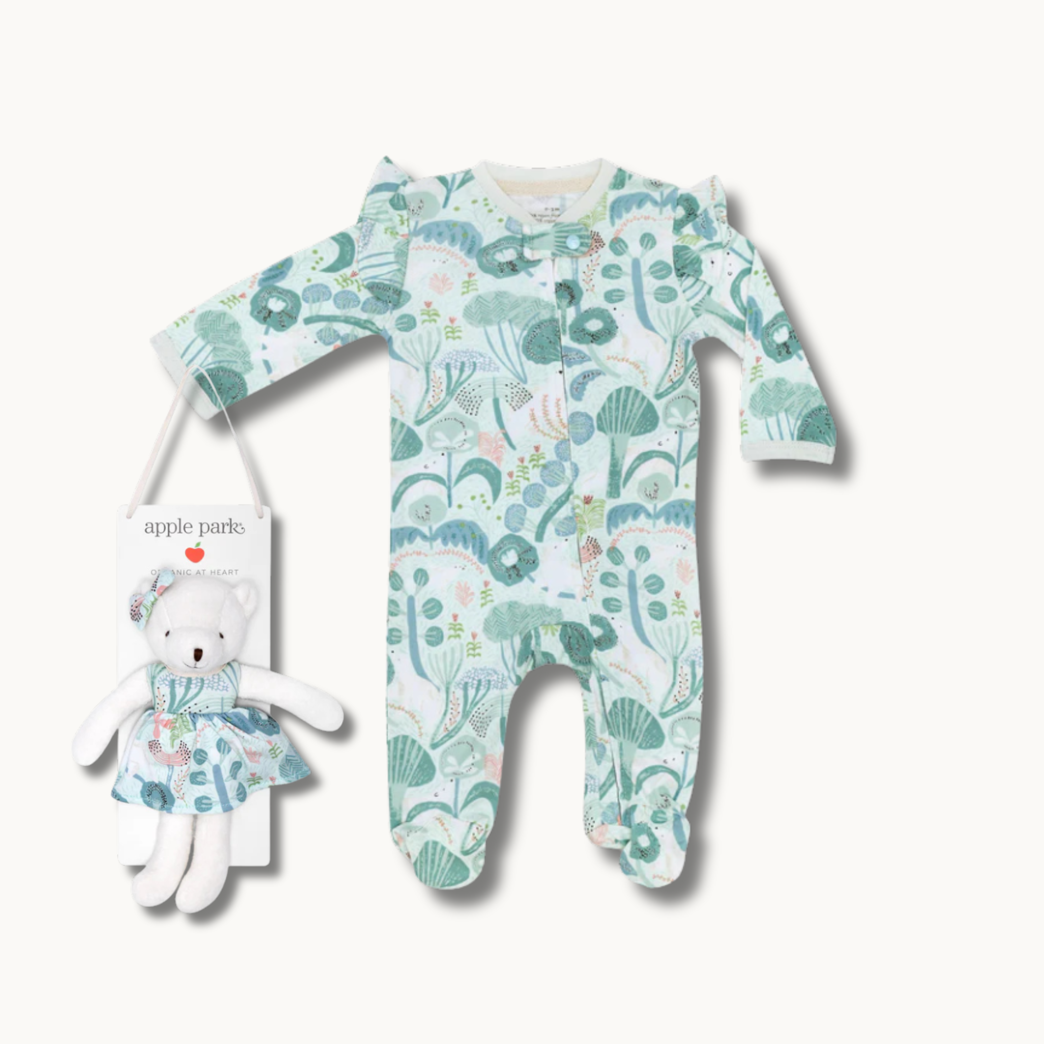 Bamboo Blend Zipper Footie & Little Bear Plush Set - Minty Bear Bloom