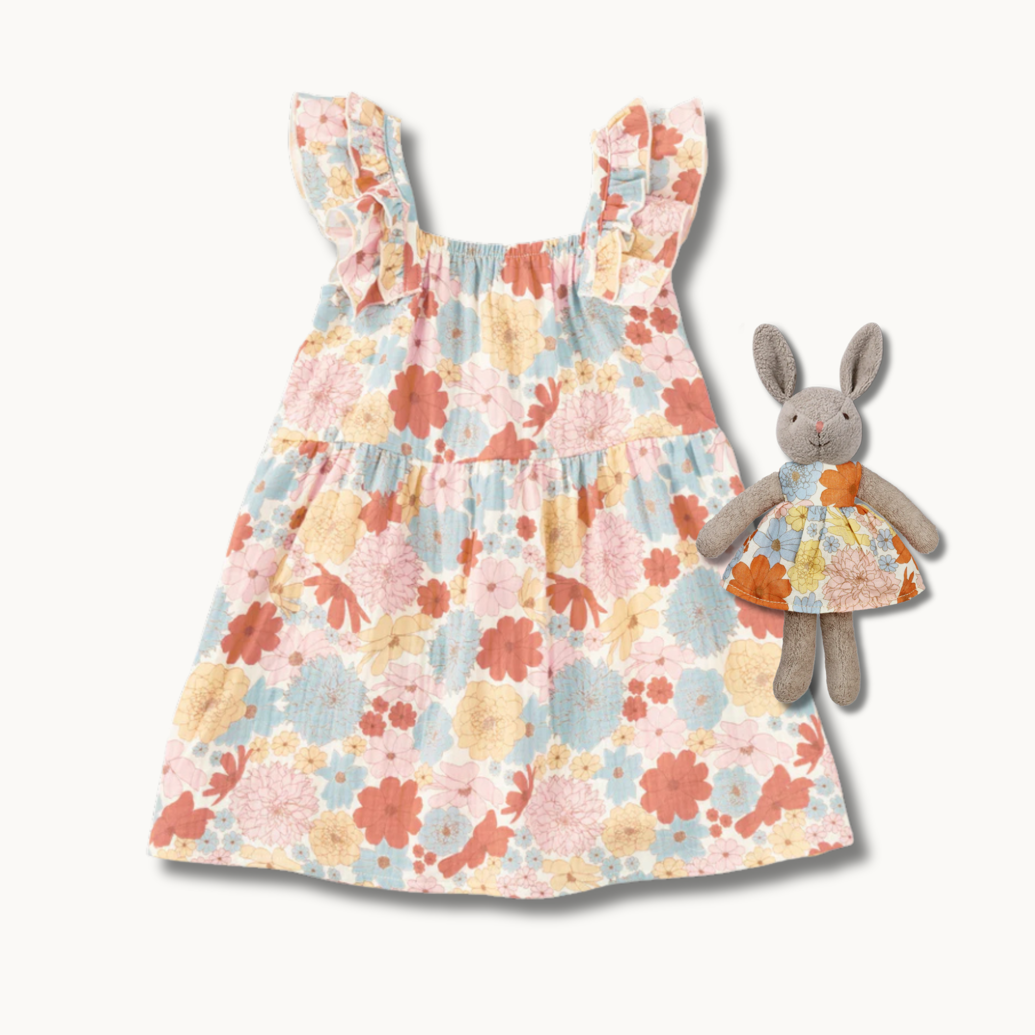 Muslin Flutter Strap Dress + Little Plush Bunny Set - Wildflower Picnic