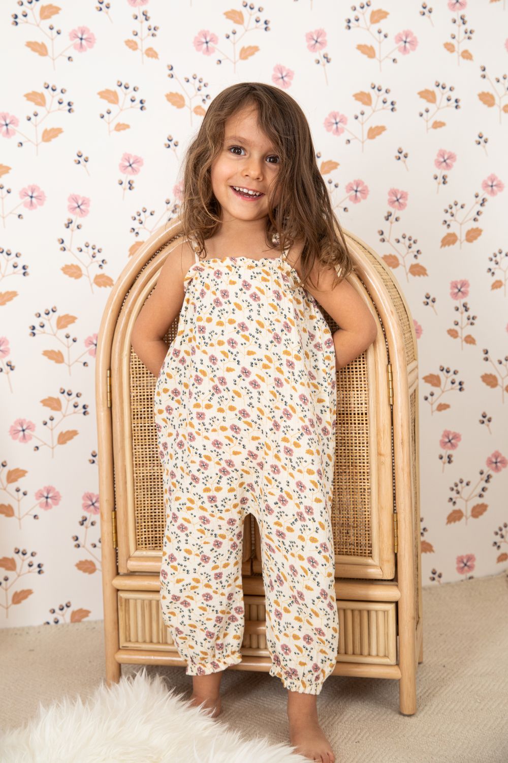 Muslin Tie Shoulder Jumpsuit - Pink Flower