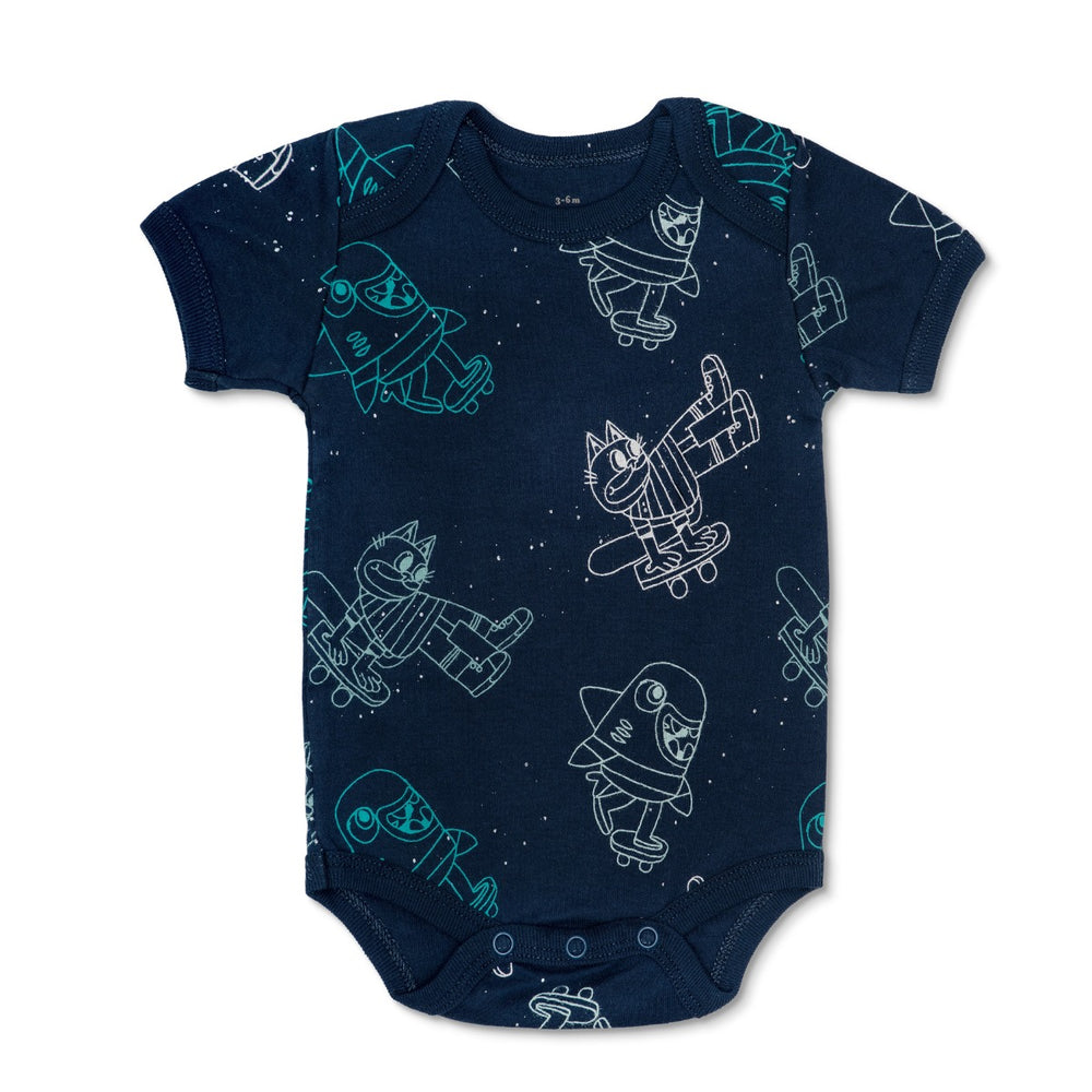 GREEN SKATER CATS PRINT ONESIE 0-12M